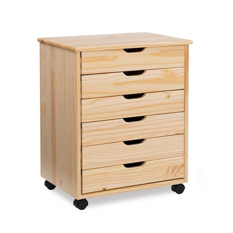 25.25 Natural Brown Wide Rolling Storage Cabinet with 6 Drawer