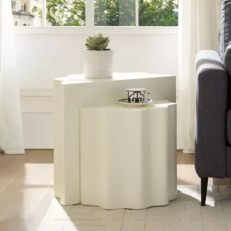 Fiberglass Coffee Table 2PCS Set End Table Accent Table Side Table Cocktail Table Center Table, Wavy Edge Design, Beige, No Assembly - ModernLuxe