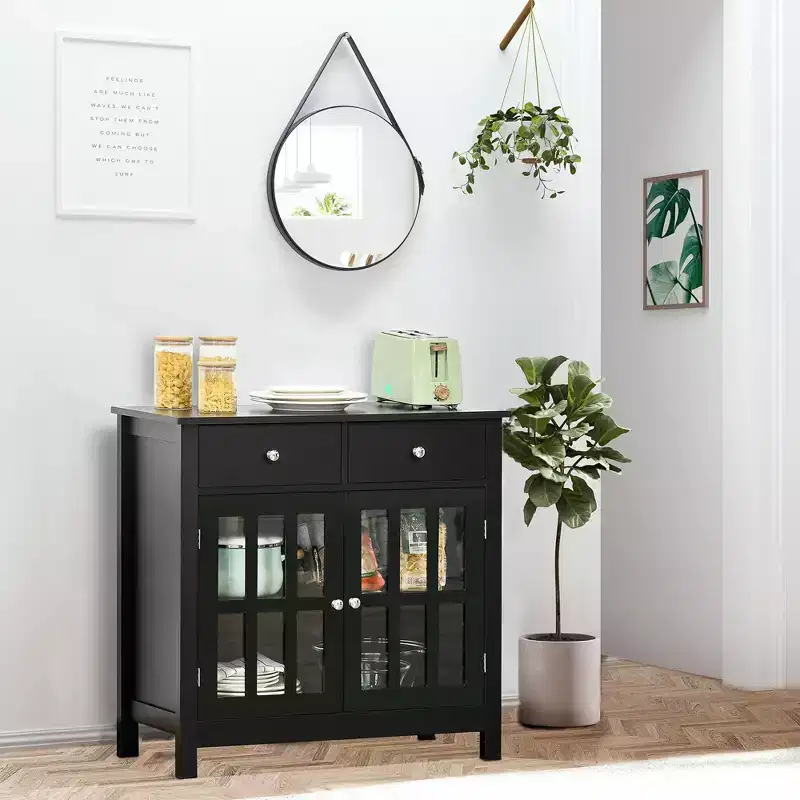 Sideboard Buffet Cabinet, Storage Cupboard with Glass Doors, Adjustable Shelf and 2 Drawers for Kitchen