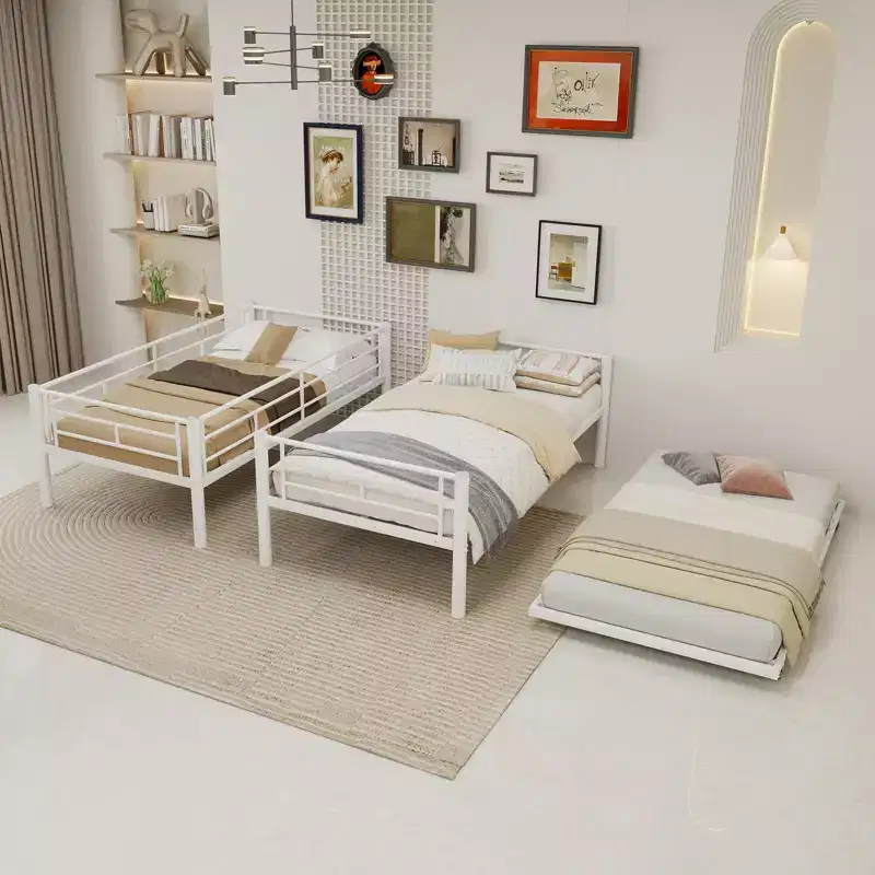 Modern Metal Bunk Bed with Safety Guardrail & Convertible Design