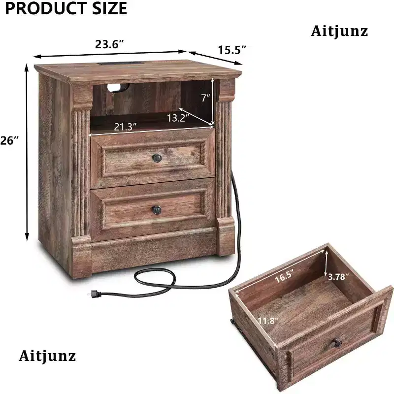 26 Nightstand with Charging, 23.6 Farmhouse Table Open Shelf & 2 Drawers