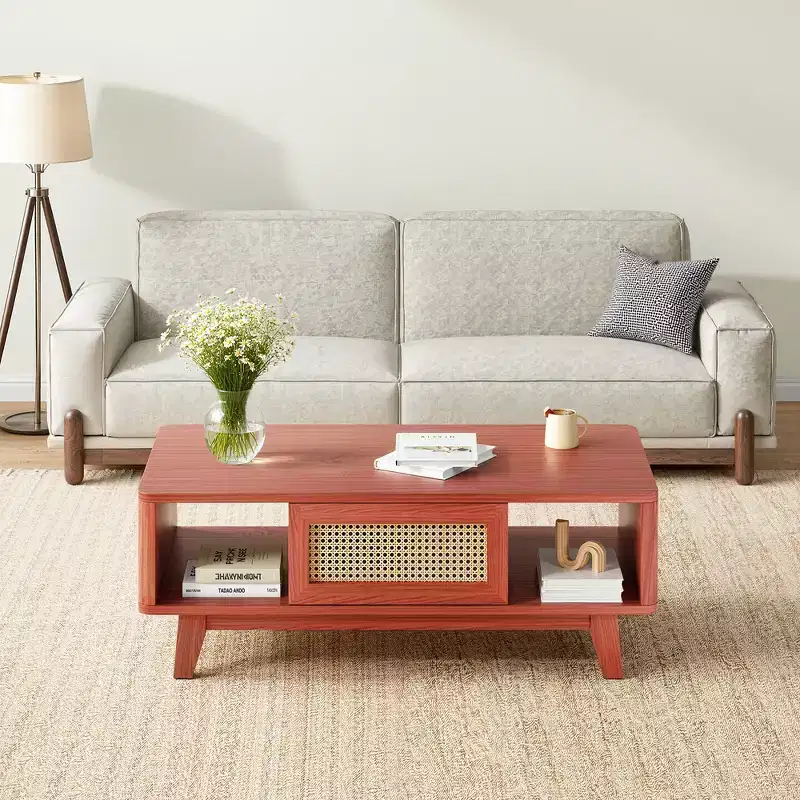 Red Rectangular Coffee Table with Rattan Drawer, Seats 1, 43