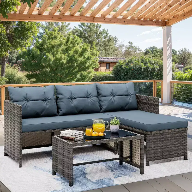 Celebalcony Outdoor Patio Furniture 3-Piece Rattan Outdoor Sectional SofaL Shaped Patio Couch with Cushion Glass Table for Balcony, Garden