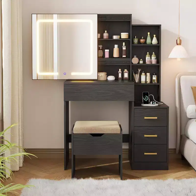 Makeup Vanity Desk with Sliding Mirror, Vanity Dressing Table with 3 Color Adjustable Lights, 4 Compact Vanity Drawers, Power Outlet, Black