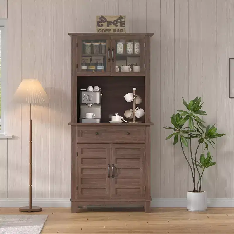 72 in Tall Kitchen Pantry Cabinet, Kitchen Hutch Bar Cabinet with Microwave Stand, Cupboard with Drawers Glass Doors for Dining Room, Living Room