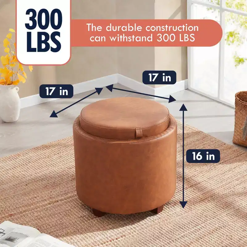 Ornavo Home Lawrence Round Faux Leather Storage Ottoman with Table Top Lid