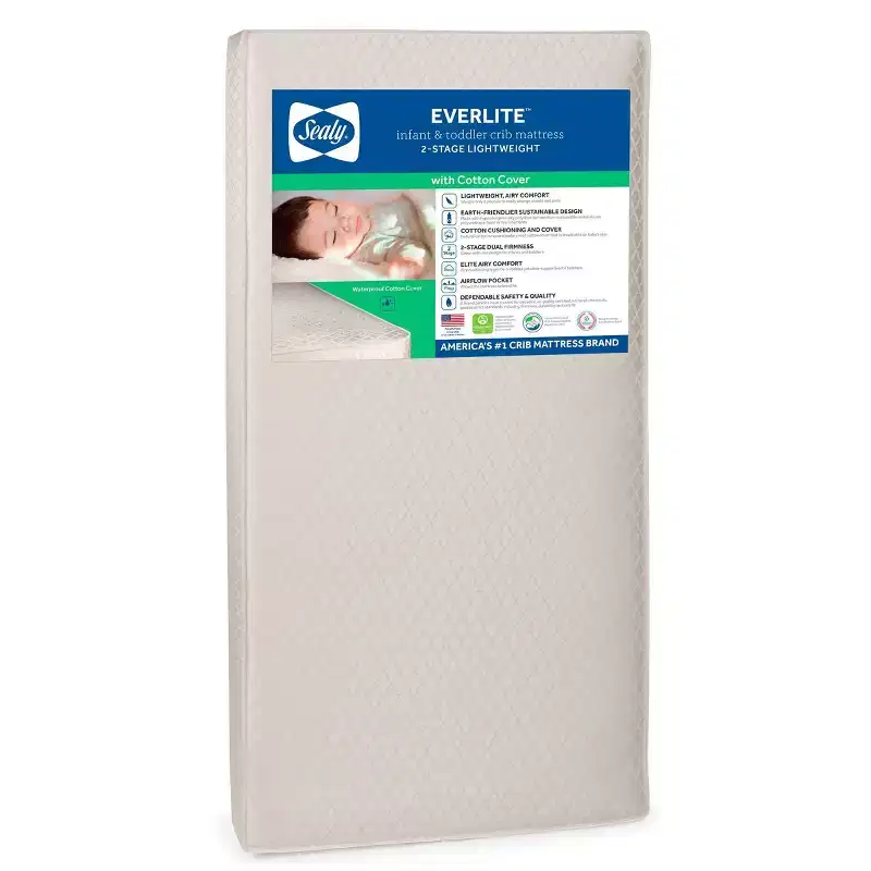 Sealy Everlite Airy Polyfiber 2-Stage Crib and Toddler Mattress: Firm, Hybrid Mattress, Waterproof Cover, Hypoallergenic