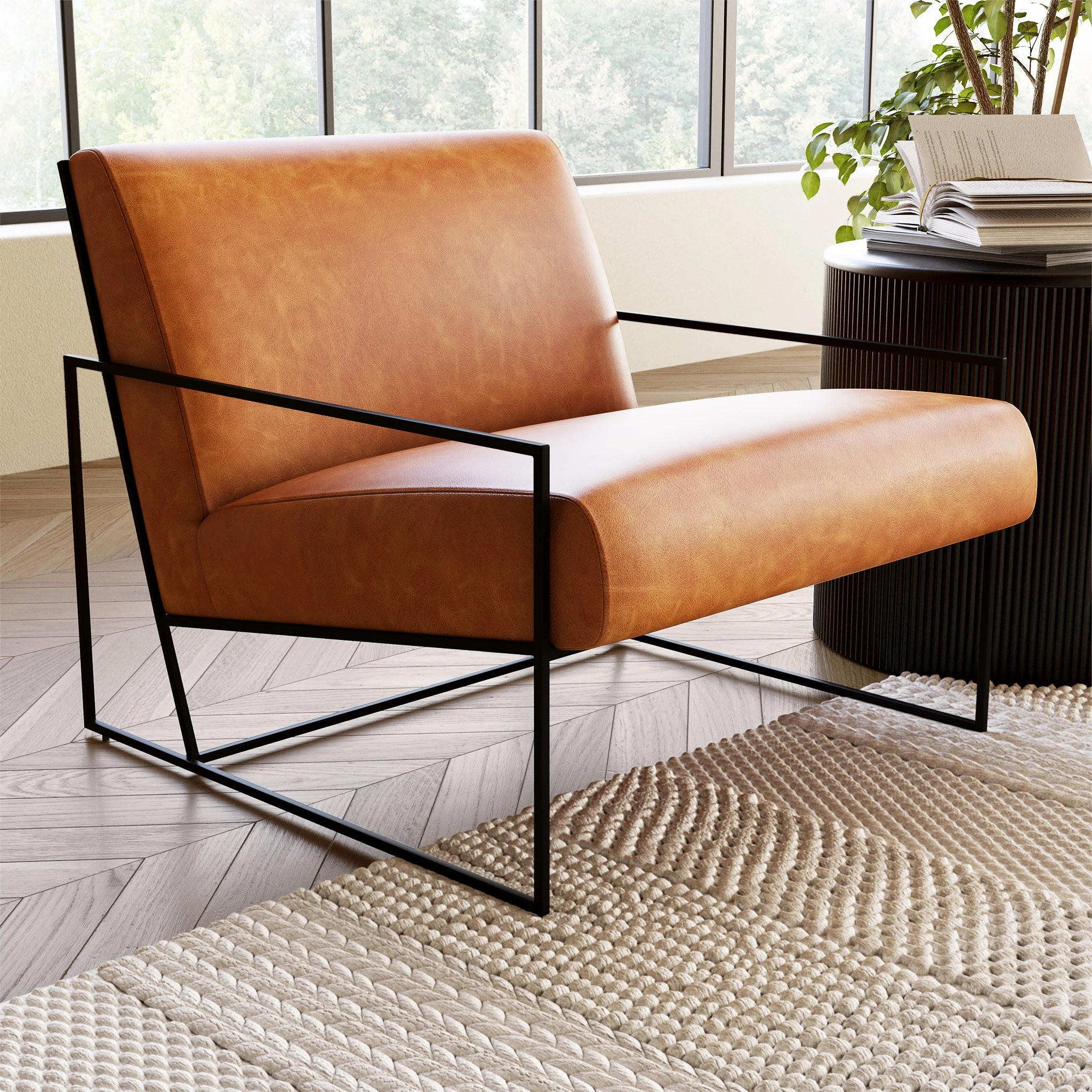 Modern Cognac Tan Leather Lounge Chair for Living Room
