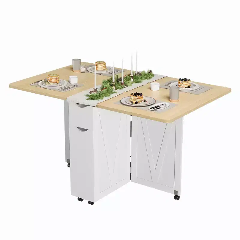 Folding Dining Table for Small Spaces, Multifunctional Drop Leaf Table with Storage Cabinet, Drawer & Wheels, Seats 4, Space-Saving Kitchen Island