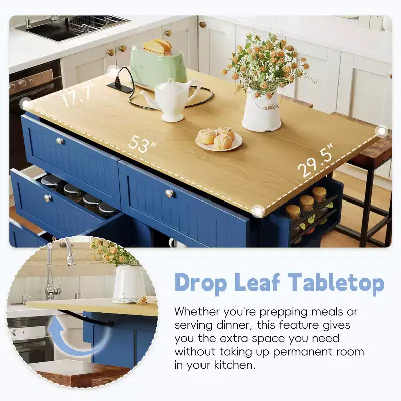 Farmhouse Kitchen Island with Drop Leaf, Drawers, Power Outlet and 2 Seats