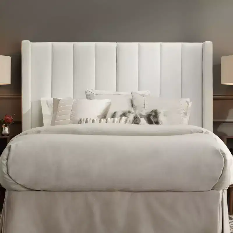 Channel Tufted White Fabric Queen Hanging Headboard