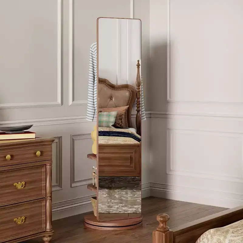Rotating Full Length Mirror with Hook Coat Rack, Freestanding Floor Mirror for Bedroom and Dressing Room, Walnut