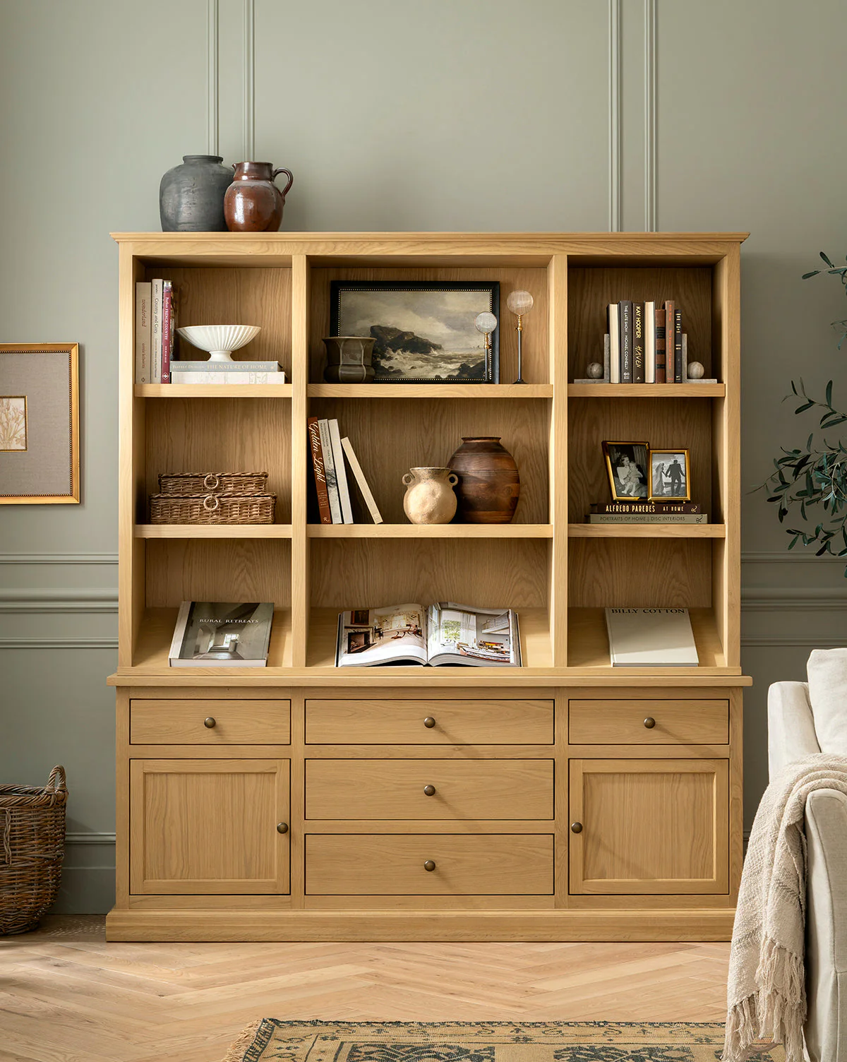 Traditional-Modern Oak Cabinet with Integrated Lighting & Angled Shelf for Living Room