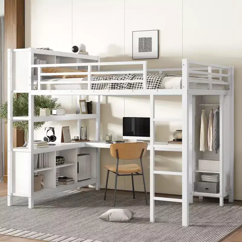 Metal Loft Bed with Wardrobe And L-shaped Desk Queen Size Loft Bed with Storage Cubes and Shelves Heavy Duty Loft Bed for Kids Teens Adults White