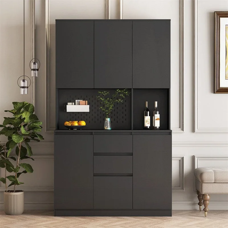 Kitchen Pantry Cabinet with Microwave Stand and 2 Drawers, Freestanding Buffet Cupboards Sideboard with Charging Station