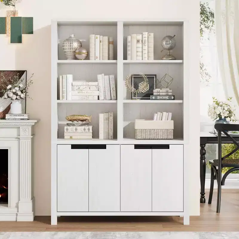 70.7 Inch High Bookshelf, 5-Tier Double-Width Bookcase with Cabinets and Double Storage Space, Wooden Bookcase for Living Room Office Library