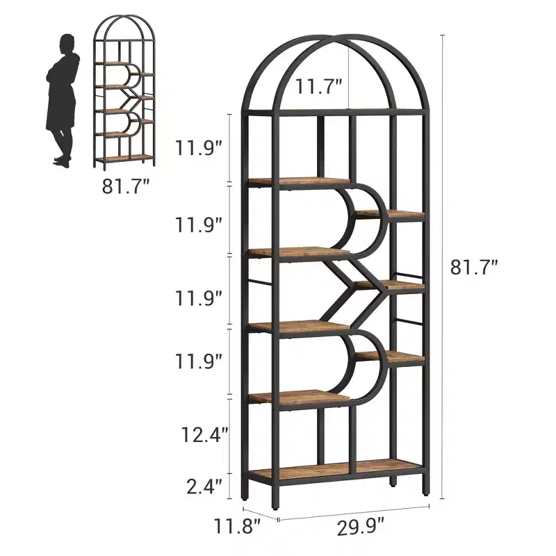 6-Tier Bookshelf, Luxury Arched Bookcase, Modern Decorative Metal and Wood Design, Suitable for Living Room, Office and Bedroom