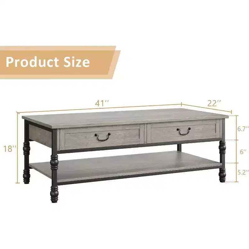 Acekool 41 Rectangular Coffee Table with Drawers, Rustic Brown Mid-Century Storage Cocktail Table with Metal Legs for Living Room & Office
