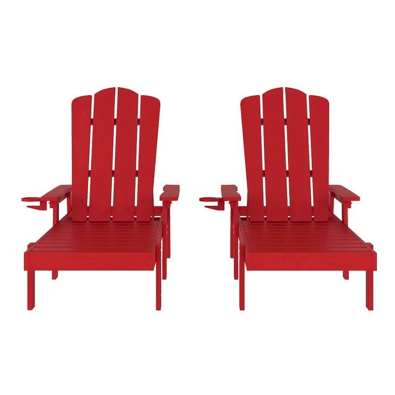 Set of 2 All-Weather Commercial Adjustable Lounge Chairs with Cupholders