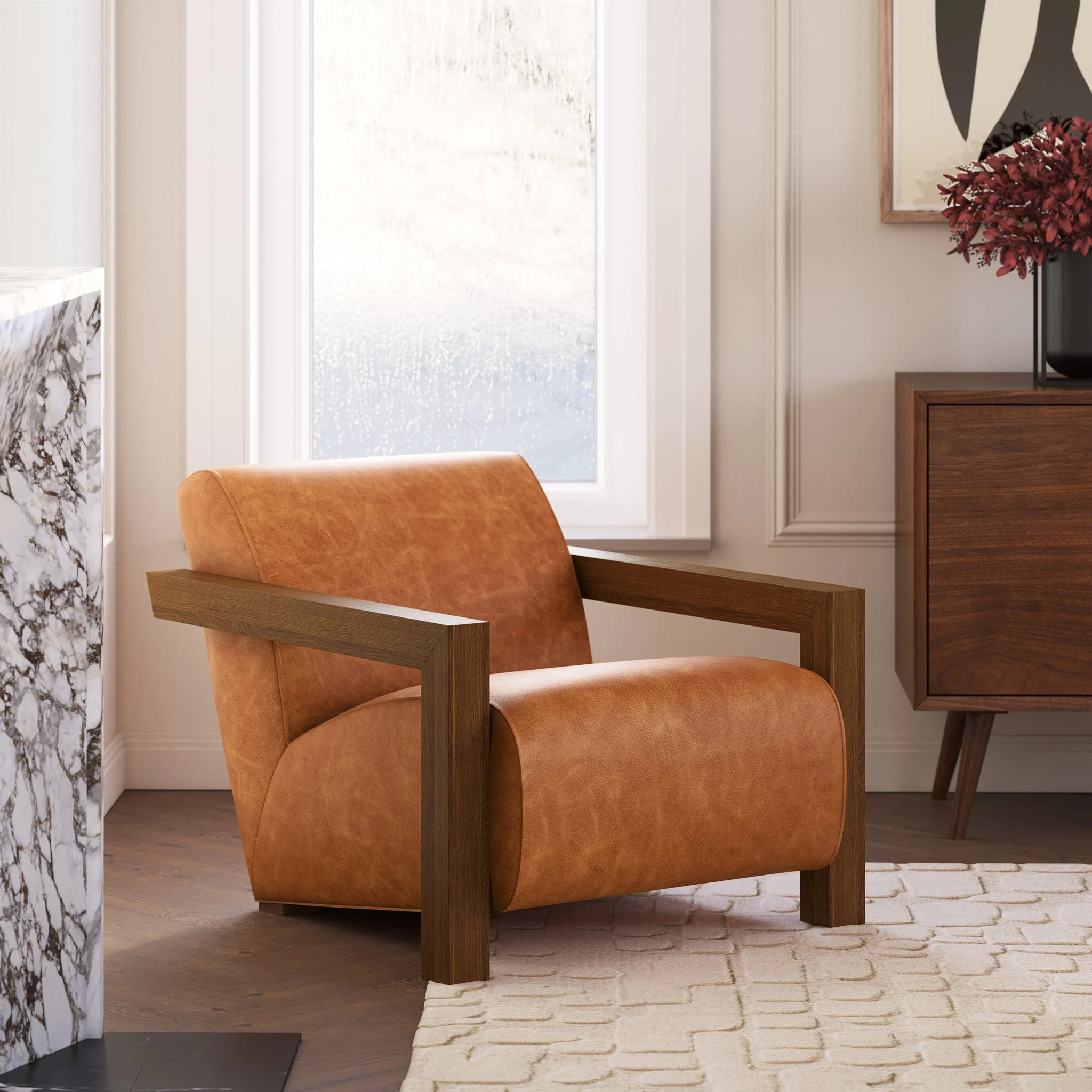 Modern Classic Cognac Tan Leather Lounge Chair with Solid Oak Frame