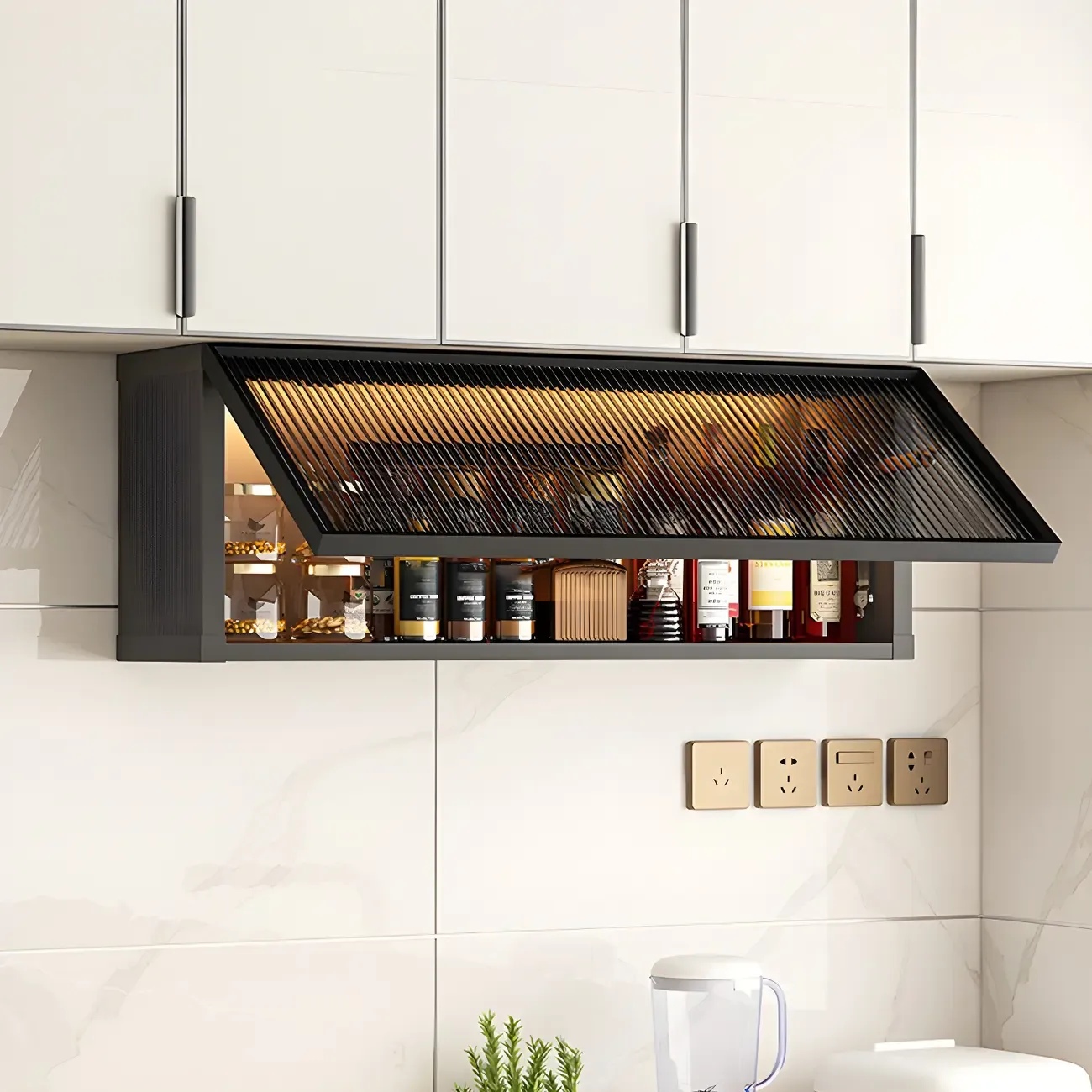 Grey Metal Floating Mounted Glass Kitchen China Cabinet