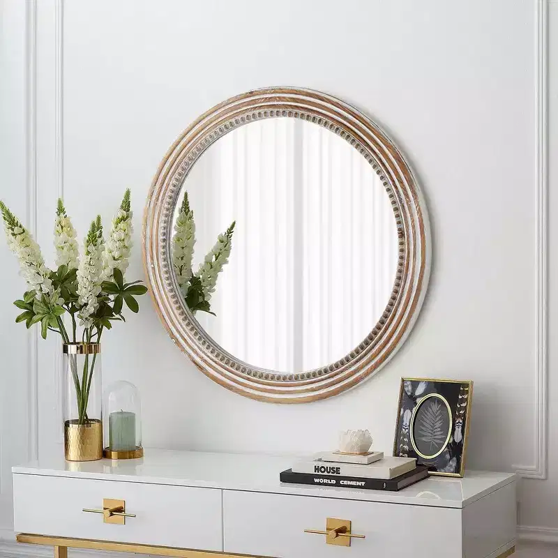 Farmhouse Round Decorative Wall Mirror with Beaded Decor, Rustic Wood Frame - Antique Natural
