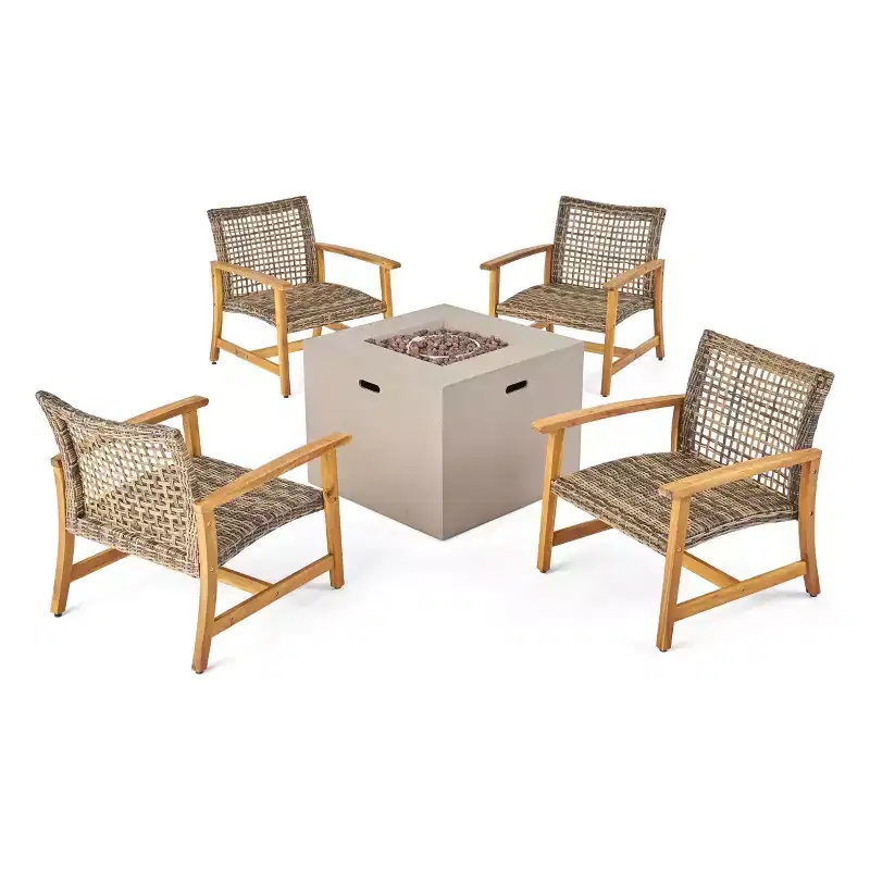 Christopher Knight Home Augusta Outdoor Acacia Wood and Wicker 5 Piece Club Chair and Fire Pit Set