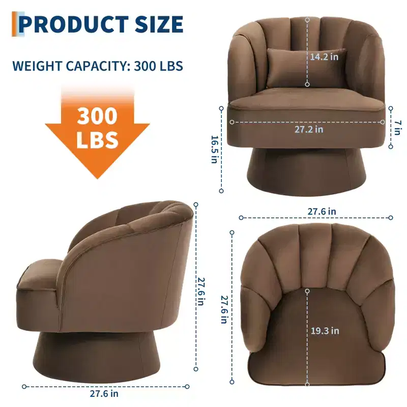Modern bucket chair  360 swivel armchair with curved striped backrest and wide, upholstered seat, suitable for living rooms, bedrooms.