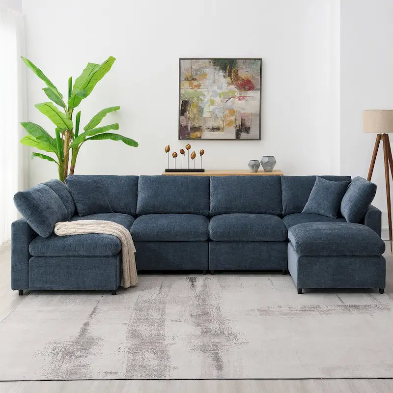 Modular 6-Seat Chenille Sectional Sofa Bed with Ottoman, Convertible U-Shape,Dark Blue