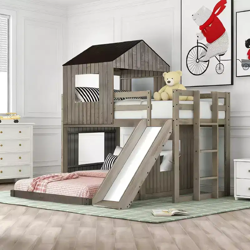 Luxystar Twin Over Full Wood Bunk Bed with Playhouse, Slide and Guardrails