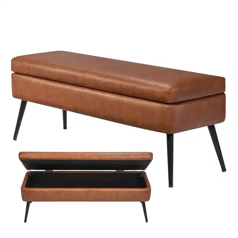 VEVOR Leather Storage Ottoman Bench, PU Leather Bench with Storage and Metal Legs, Upholstered Shoe Benches Seat for Entryway, Brown