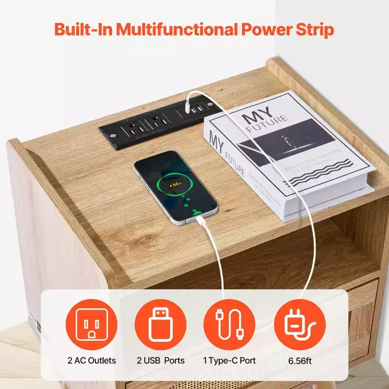 Rattan Nightstand End Table with Drawer and Open Shelf Boho Bedside Table