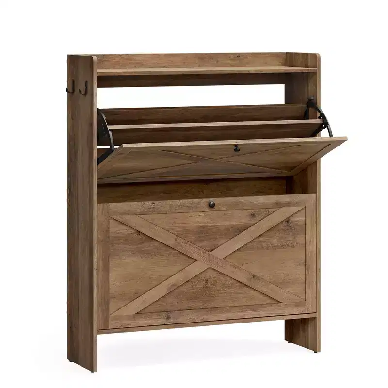 Shoe Storage Cabinet Organizer with 2 Flip Drawers, Freestanding Narrow Shoe Rack Cabinet for Entryway, Farmhouse Style, Fits 14 to 16 Pairs