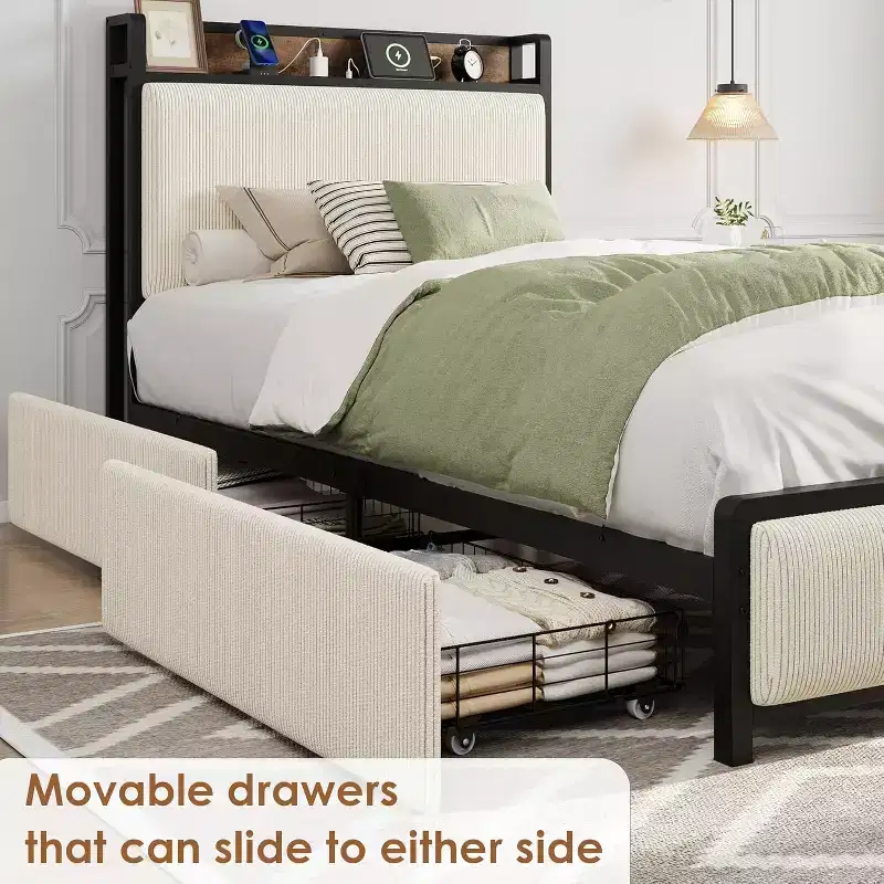 Twin-XL Size Bed Frame with Storage Headboard, Black Corduroy Upholstered Twin Platform Bedframe with Storage Drawers