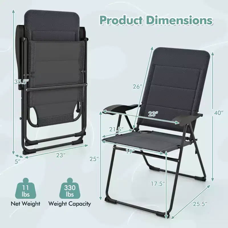 Costway 2PCS Patio Folding Chairs Back Adjustable Reclining Padded Garden Furniture