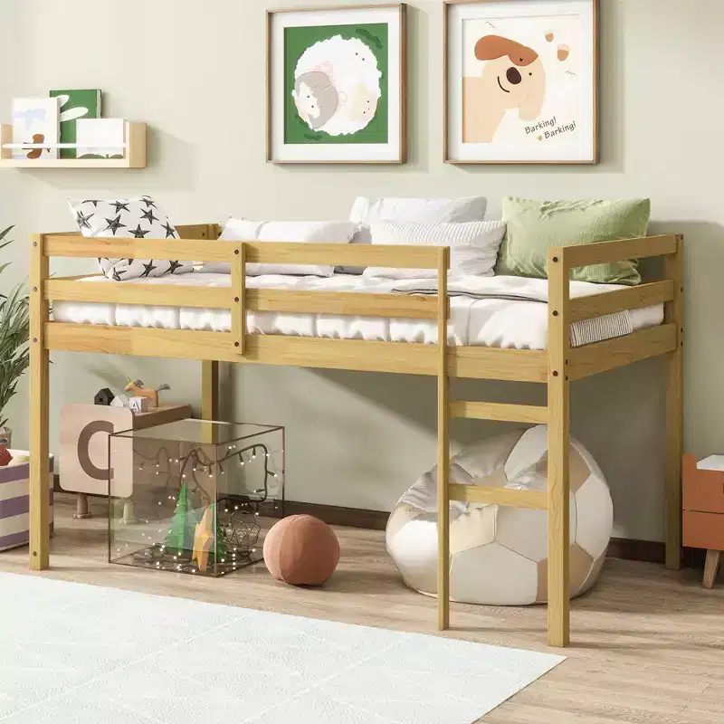 Twin Loft Bed Solid Rubber Wood with Ladder and Strengthened Slats Beige