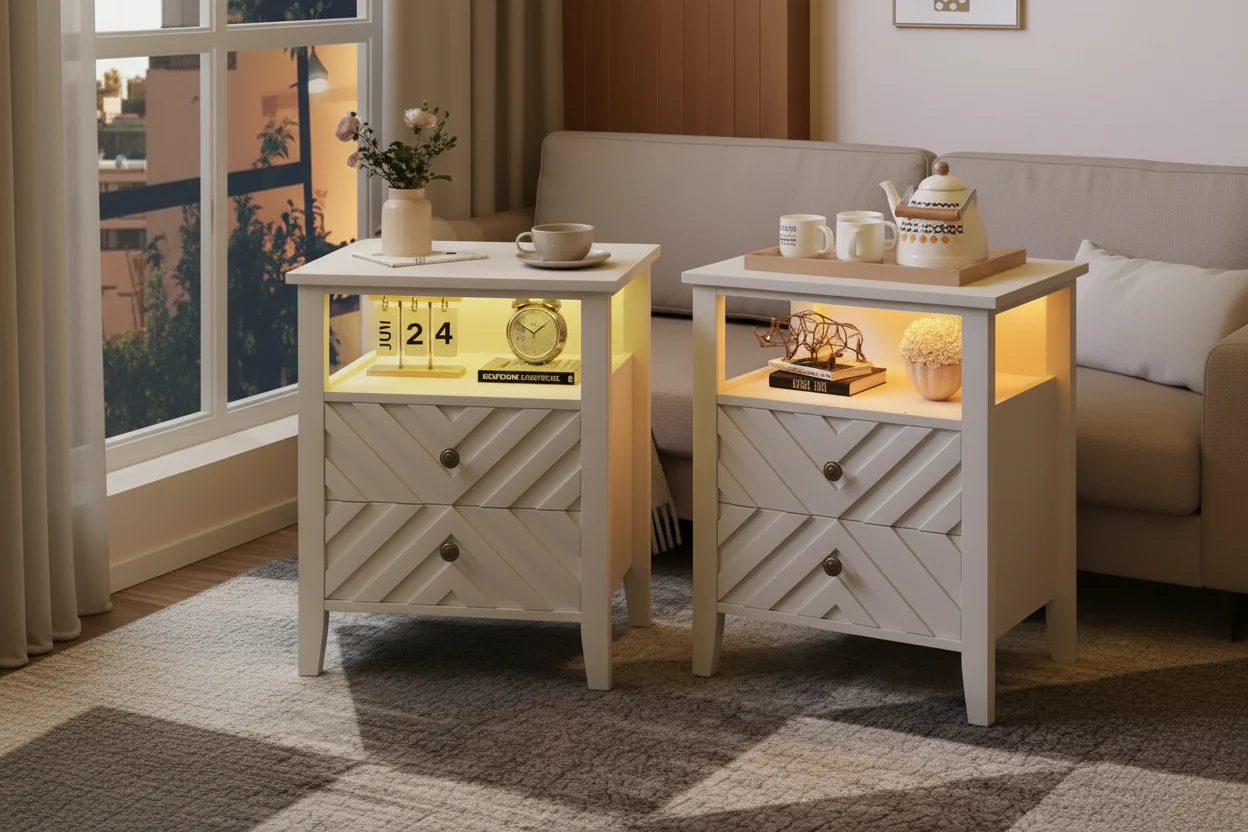 Elegant LED Nightstand with 2 Storage Drawers & Remote Color Lights