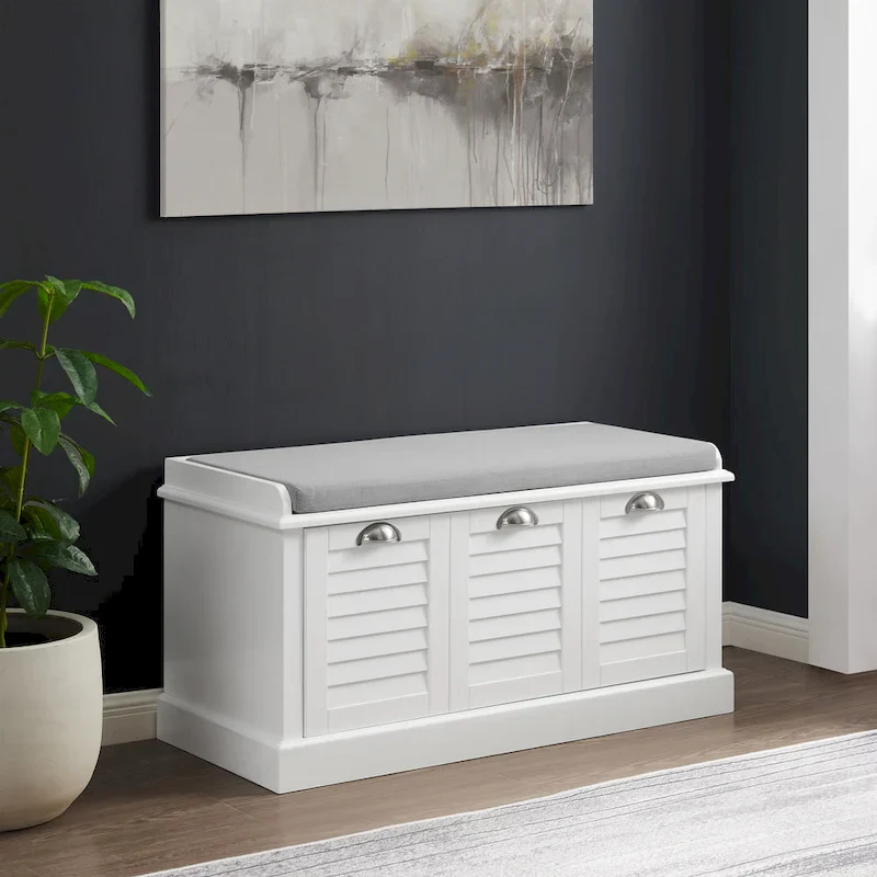 Coastal Entryway Storage Bench with Cushion & Drawer – White Farmhouse Style