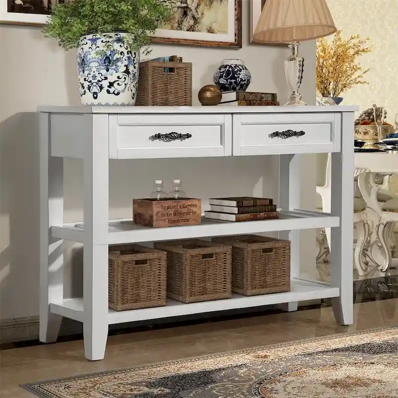 42 Wood Sofa Table with 2 Storage Drawers and 2 Tiers Shelves