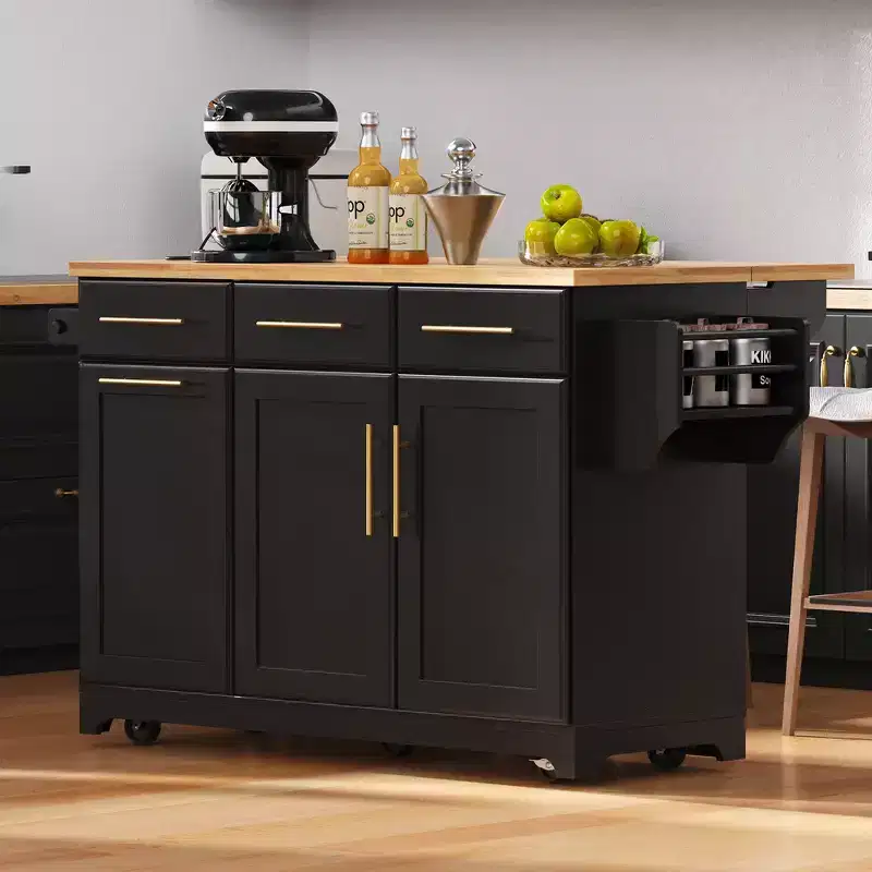 Whisen 59.3 Kitchen Island, 2 Pull-Out Organizers, Drop Leaf, Trash Storage & Spice Racks