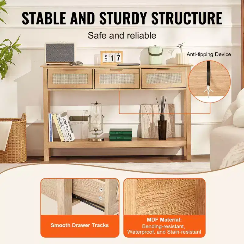 Rattan Console Table with 3 Drawers and Bottom Shelf Narrow Entryway Sofa Table 51.38 in Beige