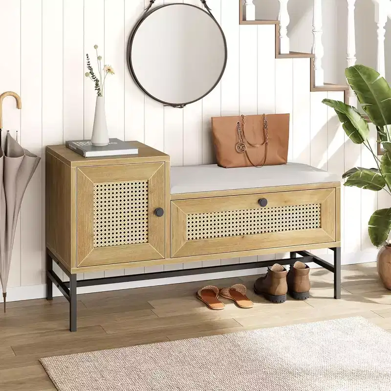 Rattan Shoe Bench with Storage, Entryway Bench with Flip Drawer Shoe Cabinet, Show Storage Bench for Hallway and Bedroom, Natural Oak