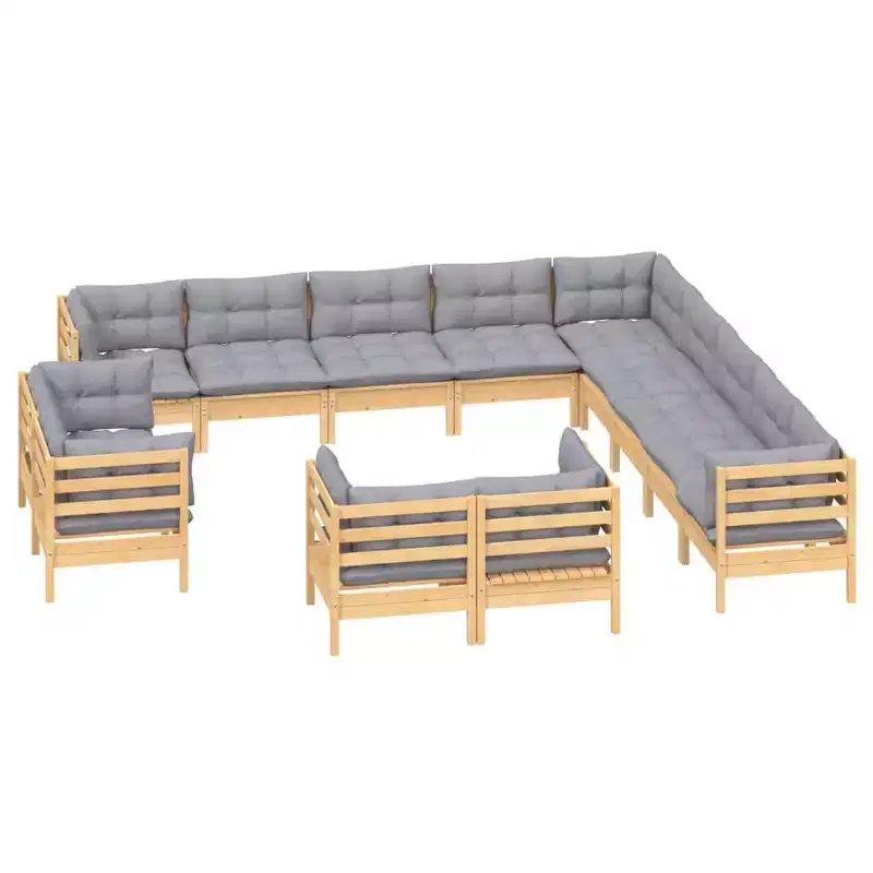 vidaXL Solid Pinewood Patio Lounge Set 13 Piece with Cushions Multi Colors - Brown and Gray