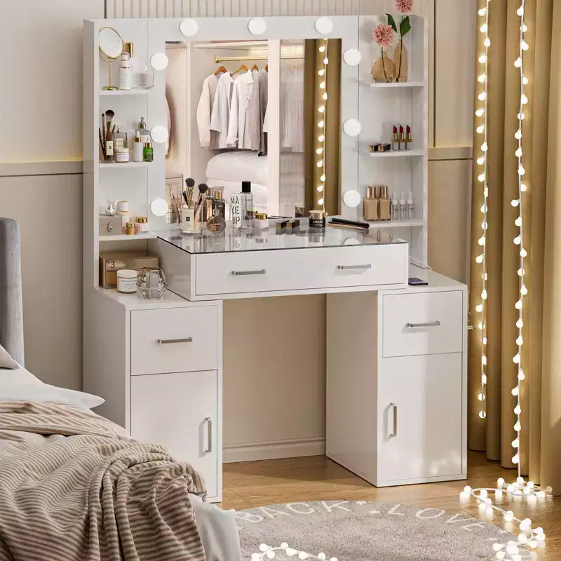 Vanity Desk with Mirror and Lights, Glass Top, Charging Station, Mirror, Nightstand, 3 Lighting Modes, White