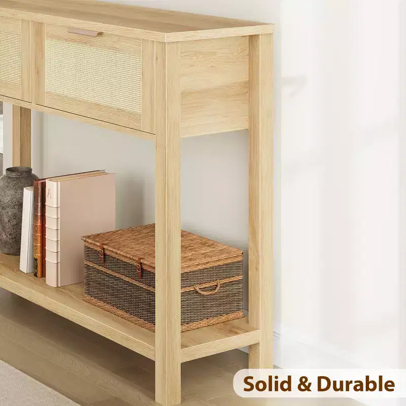 43 Inch Farmhouse Rattan Console Tables for Entryway, Narrow Wood Couch Table Behind Sofa, Boho Console Sofa Table, for Living Room
