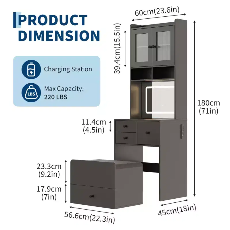 3-in-1 Vanity Desk with Adjustable Mirror, Storage Drawers, Acrylic Doors, Jewelry Compartment & Cushioned Chair