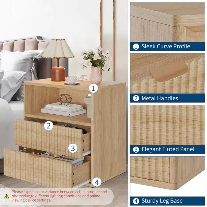 Oak-1 23 Fluted Nightstand C Mid-Century Modern Bedside Table with Charging Station & 2 Drawers