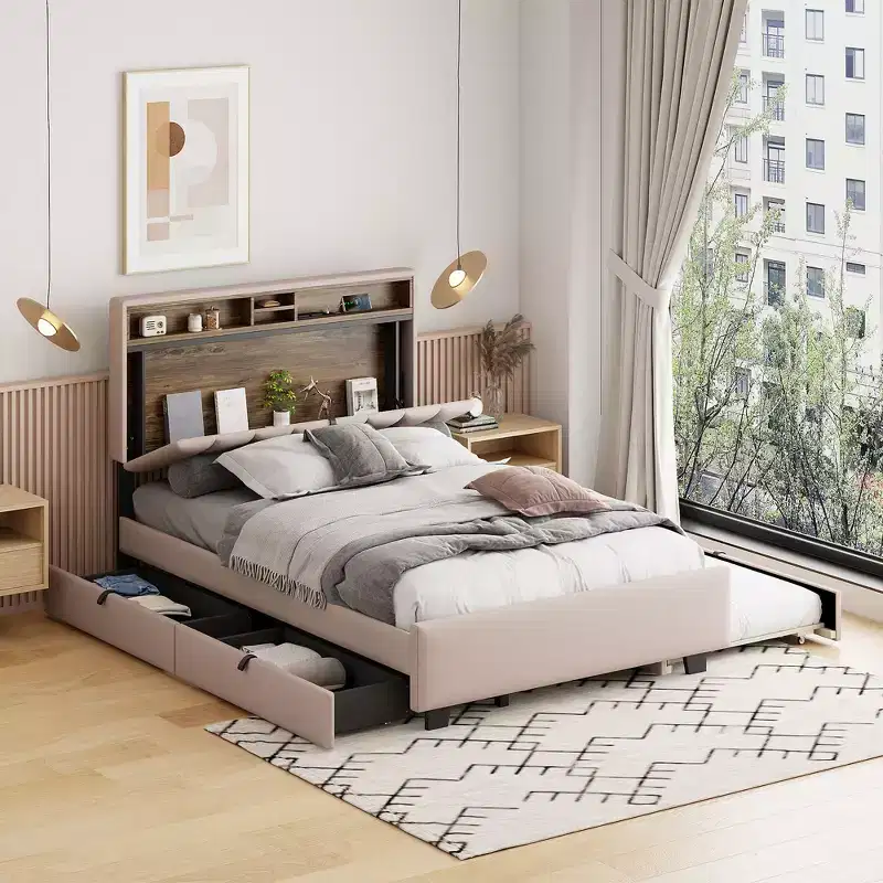 Full/Queen Size Upholstered Platform Bed with Storage Headboard, Twin Size Trundle, 2 Drawers and Sockets & USB Ports, 4L -ModernLuxe