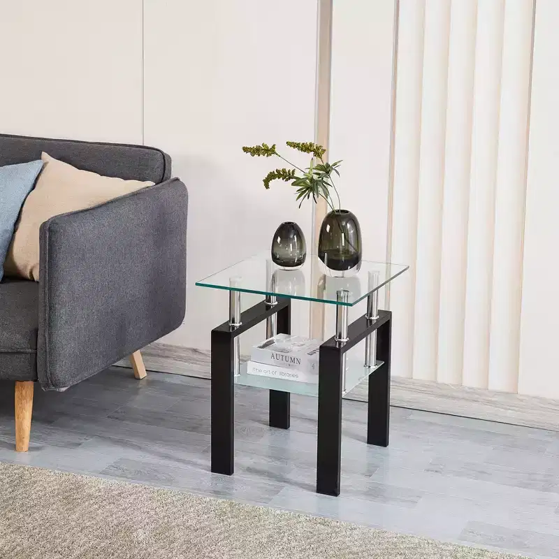 Set of 2 Clear Tempered Glass End Tables, Modern Side Tables for Living Room and Bedroom