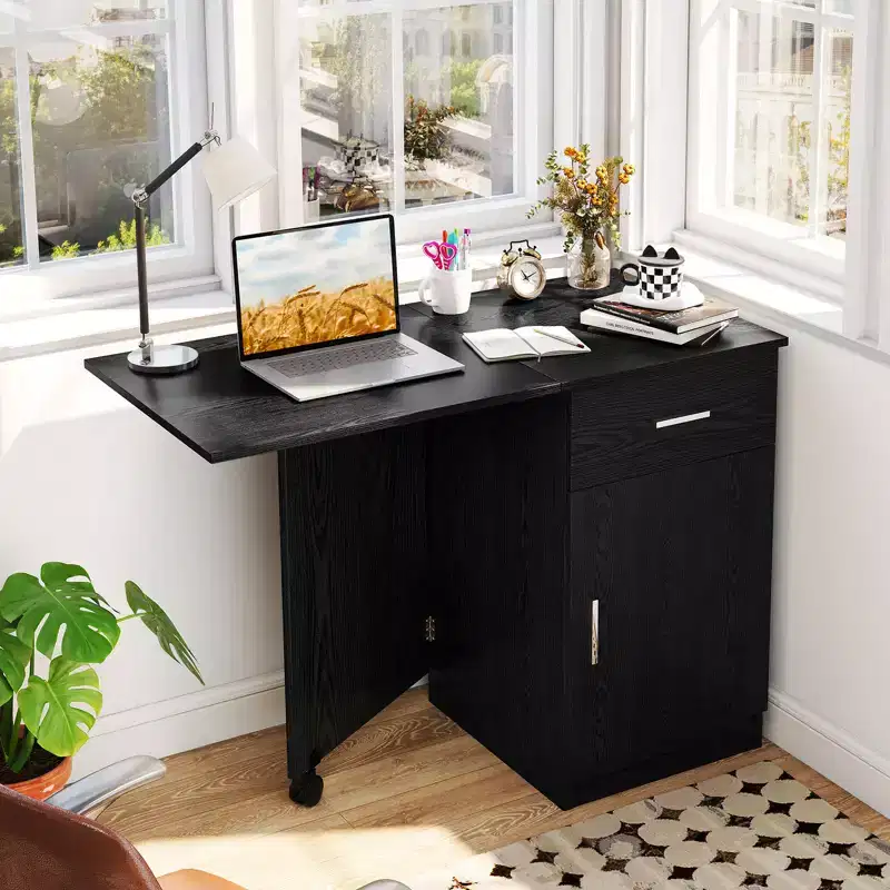 Folding Computer Desk with Drawer Cabinet & Adjustable Shelf Wheel for Living Room, Black/White